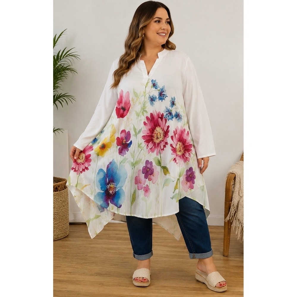 Women's Floral Sharkbite Hem Tunic Top Plus Size 5XL Lagenlook Oversized Boho